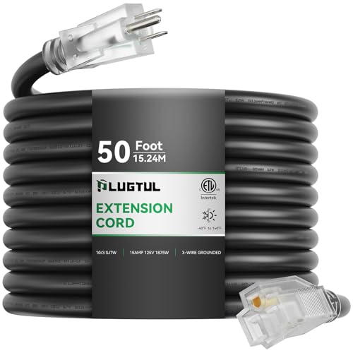 PLUGTUL 10 Gauge Extension Cord 50FT Black Outdoor Extension Cord with Lighted End Heavy Duty 15A 1875W SJTW ETL Listed