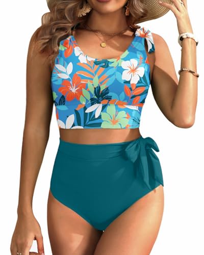 Image of Yonique Two Piece High Waisted Swimsuits - Women Tummy Control Bikini Modest Bathing Suit 2PC 2025