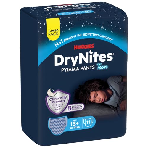 Huggies DryNites Pañales de Noche para Niño 13+ (48-60 kg), Clínicamente Probado con 5 Capas de Máxima Protección Nocturna, 3 Packs de 11, Total 33 Calzoncillos Absorbentes
