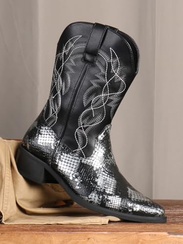 Image of Python Manning Men's Boots Cowboy for Men Classic Pointed Toe Western Pull Up Snakeskin Embroidered Mid-Calf Boots