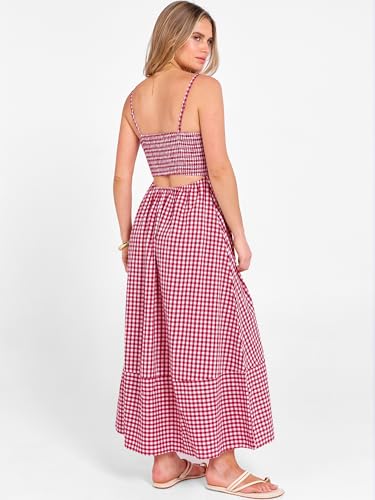 Image of Caracilia Womens Maxi Dresses Gingham Spaghetti Strap Back Smocked Flowy Long Sundress Summer Beach Vacation Clothes 2026