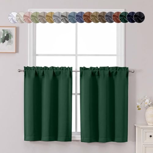 Chyhomenyc Ever Green Short Blackout Curtains 30 Inch Length, Small Kitchen Curtain Tier Rod Pocket Half Window Curtains for Bathroom Basement Cabinet Camper RV Bunk, 2 PCS, Each 30" Wx30 L
