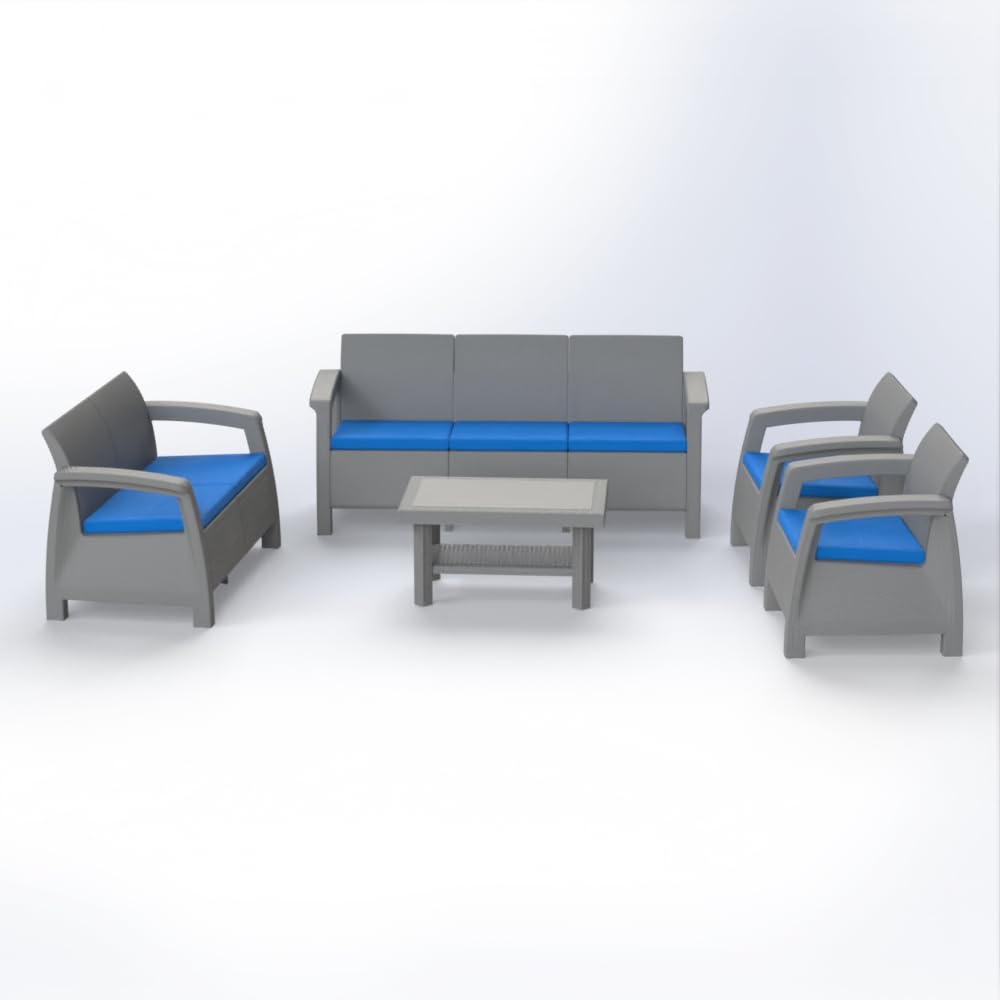 Outdoor Sofa Set | 7-Seater | Durable Plastic Rattan | Lightweight & Portable | Coffee Table Included (Silver - Blue)