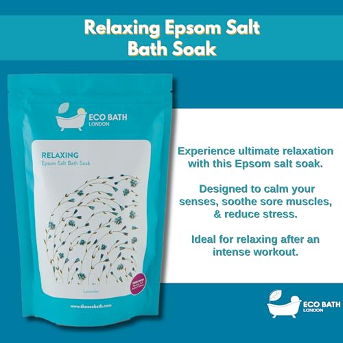 Image of Eco Bath London Relaxing Lavender Epsom Salt Bath Soak - Pouch 2.2 lb (1 kg), Made in UK, Natural Magnesium Bath Salt, Relaxing Spa Bath Soak for Stress Relief, Self Care Gift for Women and Men
