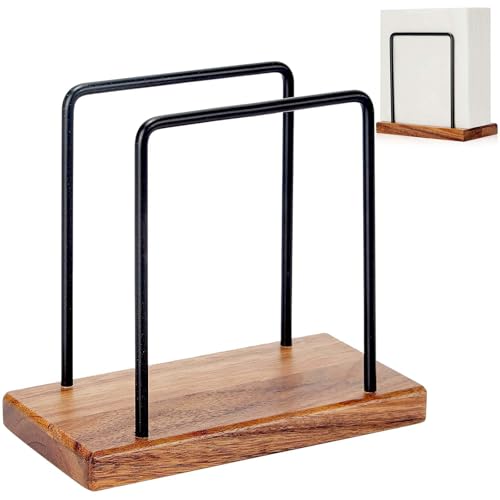 Servilletero de metal y madera: Servilletero de base de madera, dispensador de servilletas de metal, soporte para servilletas, servilletero para decoración de mesa, cocina, mesa de comedor, comedor