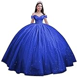 Youjiayi Luxury Off Shoulder Royal Blue Quinceanera Dress Princess Pleated Sweet 16 Dress with Train Lovely Prom Dresses Long Ball Gown for Women Size 0