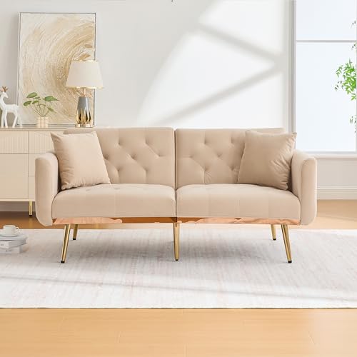 Fppuueg Sofa Cama 2 Plazas con Respaldo Ajustable en 3 Posiciones y Cojines, Puff Cama Plegable para 2-3 Personas, Sofá Cama 2 Plazas con Patas de Metal, Sofá de Salón 165x72.5x75 cm, Terciopelo Beige
