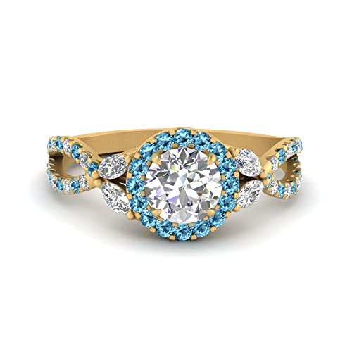 Image of Choose Your Gemstone Floral Split Shank Halo Engagement Ring Yellow Gold Plated Round Shape Split Shank Engagement Ring Lightweight Office Wear Everyday Gift Jewelry US Size 4 to 12