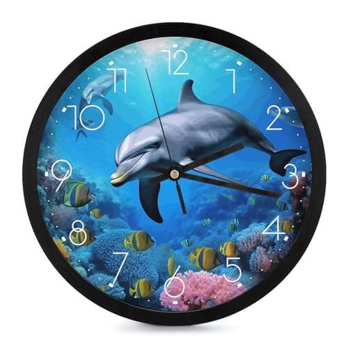 Horloge murale silencieuse moderne dauphin dans le récif de corail imprimée tendance horloge murale numérique horloge murale numérique fonctionne à piles pour...