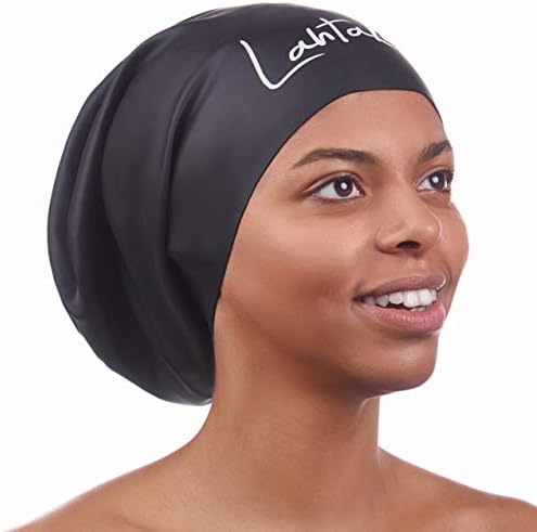Long Hair Swim Cap - Swim Caps Cool - Stylish Swim Cap for Braids Weaves Dreadlocks - Bathing Cap - Silicone Shower Cap (Black L)