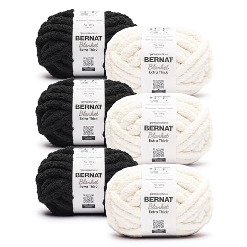 Image of Bernat Extra Thick Chunky Yarn for Crocheting, Coal & Vintage White, 6-Pack
