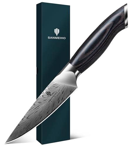 SANMEIHO Kitchen Paring Knife 4“ - Japanese Powder Steel 63 HRC Fruit Knife for Peeling & Coring Razor Sharp 12° Edge Vegetable Chopper with Pakkawood Handle