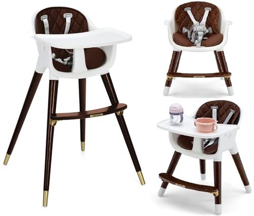 Image of INFANS Baby High Chair, 3 in 1 Convertible Wooden Highchair for Babies & Toddlers, Modern Infant Feeding Chair with 5-Point Safety Harness, Footrest, Adjustable Legs, Removable Tray PU Cushion