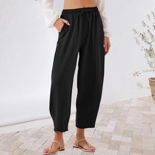 Linen Pants Women Summer Drawstring Elastic High Waisted Solid Loose Fit Wide Leg Baggy Harem Pants with Pockets2