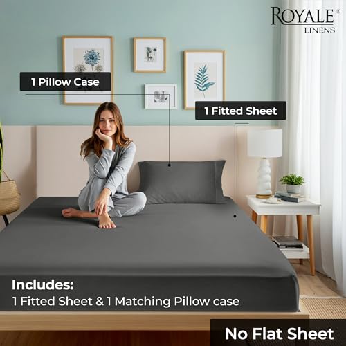Image of ROYALE LINENS Fitted Sheet with Pillowcase - Twin XL Fitted Sheets with 1 Pillowcase - 300 Thread Count 100% Organic Cotton - Fit Mattress Up to 18 inch Deep - Soft & Breathable - Grey (No Flat Sheet)