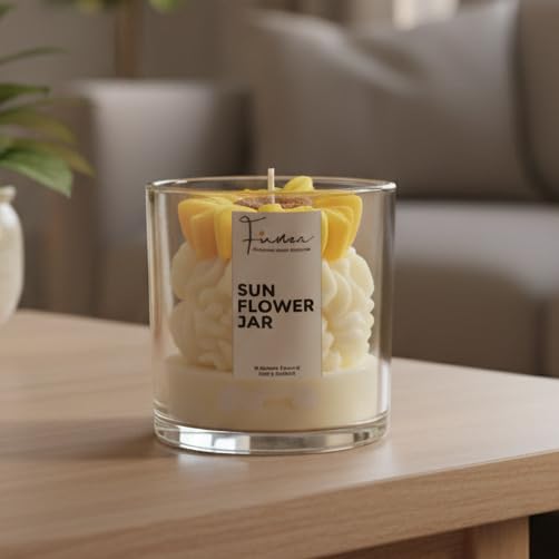Image of Sunflower Scented Jar Candle - 220g 100% Organic Soy Wax - Aesthetic Yellow Floral Bloom Design - Luxury Spring Fragrance for Vasant Panchami & Home Decor