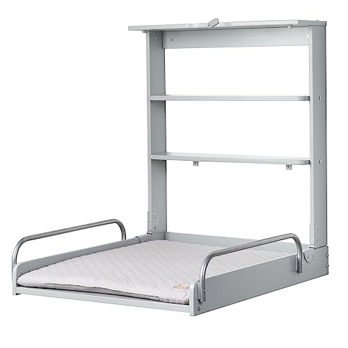 roba Table à Langer Murale Rabattable en Bois Laqué Taupe + Matelas de Change Hydrofuge 