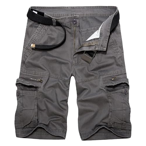 JEShifangjiusu Mens Belt Cargo Shorts with Multi Pockets Hiking Casual Short Pants All Cotton Strench Work Short (Grey,32)