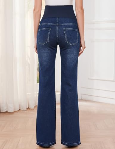 Image of GLAMIX Women's Stretch Maternity Bootcut Jeans with Pockets Over The Belly Bell Bottoms Flare Denim Pants Pregnancy Clothes