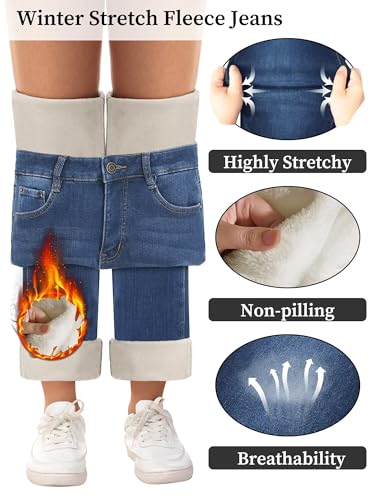 KDF Women's Fleece Lined Jeans Women Straight Leg Winter Fleece Lined High Waist Lined Jeans Heated Denim Pants3