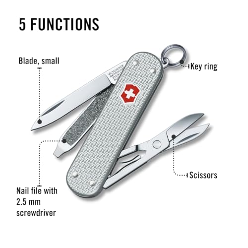 Image of Victorinox Swiss Army Classic Pocket Knife (Silver Alox) | Swiss-made pocket knife, 5 functions, silver Alox scales, keychain carry, everyday tasks, compact EDC