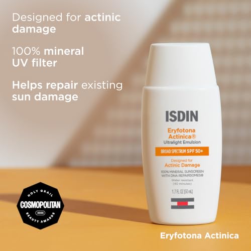 Image of ISDIN Eryfotona Actinica Mineral Face Sunscreen SPF 50+, No White Cast | 100% Mineral UV Filters, Zinc Oxide, Suitable for Sensitive Skin, Non-comedogenic, Dermatologist Recommended