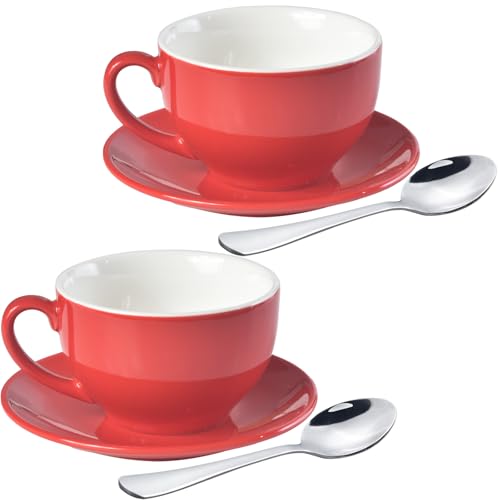 ionEgg Porzellan-Kaffeetasse mit Untertasse, 220 ml, für Cappuccino, Latte und Tee, Rot, 2 Stück