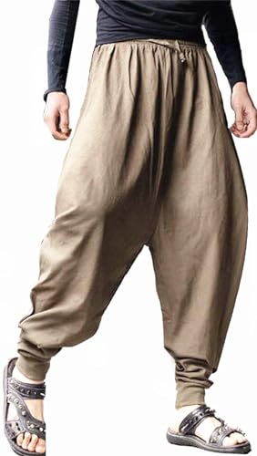 perdontoo Mens Casual Harem Pants Loose Elastic Waist Drawstring Hippie Aladdin Drop Crotch Trousers (42, 012 Green)