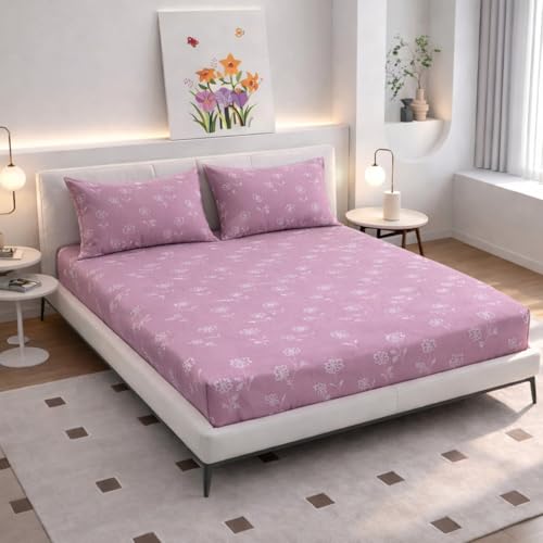 Image of King Size Bedsheet Cotton for Double Bed | Flat - 90x100 Inch, Floral, Soft & Breathable, Fade & Shrink Resistant, 2 Pillow Covers | Blush Petal Breeze, Mauve Pink