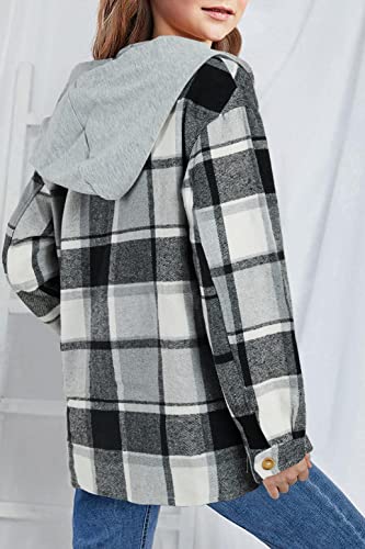 Image of Girls Cute Flannel Plaid Button Down Top with Pockets Long Sleeve Hooded Jacket