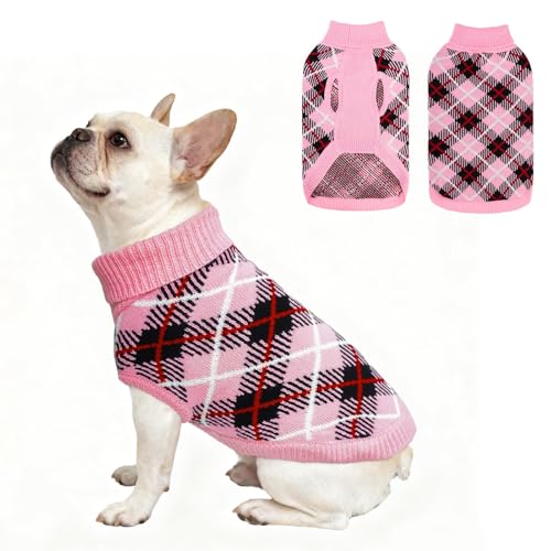 Image of BEAUTYZOO Small Dog Sweater, Plaid Knit Winter Clothes with Harness Hole | Turtleneck Pullover Fall Knitwear for Girl Boy Puppy, Fuzzy Fleece Cold Weather Coat Female Male, Warm Sweatshirt, Pink SM
