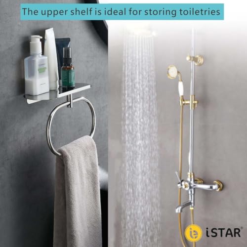 Image of Bathroom Towel Ring with Shelf, 304 Stainless Steel Towel Holder for Bathroom Wall Mount, Self Adhesive or Drill Installation, Rustproof Hand Towel Ring (Chrome)