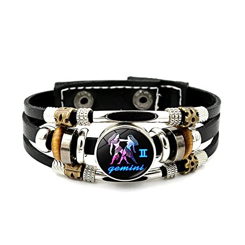 Bracelet En Cuir Lumineux 12 Constellation - Douze Signes Du Zodiaque Tissage Multicouche Punk, Balance Scorpion Vierge Lion, Bouton Temps Gem Pour Homme Et Femme,...