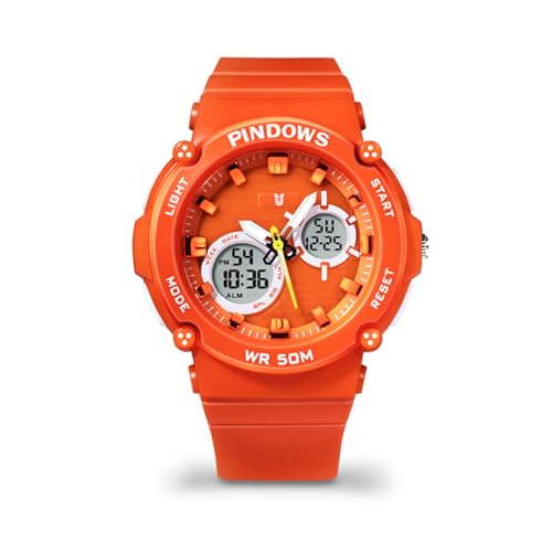 PINDOWS Reloj Digital para Hombre, 5 ATM Impermeable al Aire Libre Cronógrafo Relojes de Pulsera con Luz Trasera LED, Alarma, Fecha, a Prueba de Golpes,Naranja
