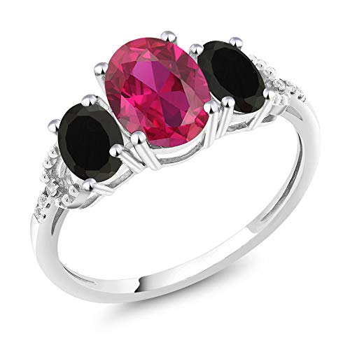 Gem Stone King 10K White Gold Red Created Ruby Black Onyx & Diamond Accent 3-Stone Engagement Ring | 1.98 Cttw | 3 Stone Wedding Engagement Anniversary Promise Ring For Women