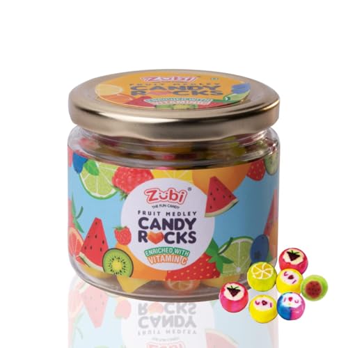 Image of Zubi the Fun Candy Fruit Medley Candy Rocks Jar | Enriched with Vitamin C | Handmade Fruit Medley Candies | 8 Exciting Flavours (200g x 4 Jars, 800gm)