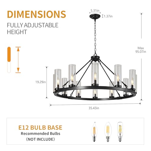 Image of 12 Light Black Chandelier Wagon Wheel Chandelier with Clear Glass Shade Round Industrial Pendant Lighting Fixture for Stair Living Room Foyer Kitchen