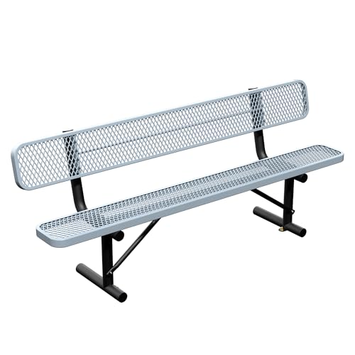 Image of 8ft Park Bench with Backrest, Gray Heavy Duty Outdoor Metal Bench Weatherproof Steel Long Playground Bench Seats, Commercial Garden Benches Dock Benches for Lawn, Park, Deck,Patio, Porch