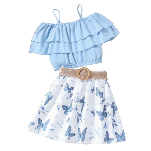 Image of Girl's 2 Pieces Outfits Spaghetti Purple Layered Crop Top and Butterfly Print Skirt Set with Belt 7-13 Years