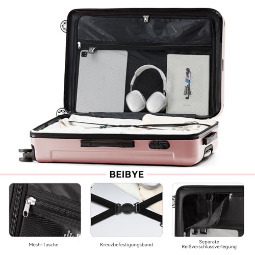 BEIBYE BEIBYE Hartschalen-Koffer Trolley Rollkoffer Reisekoffer Handgepäck 4 Rollen (M-L-XL-Set) (Rosa Gold, L)