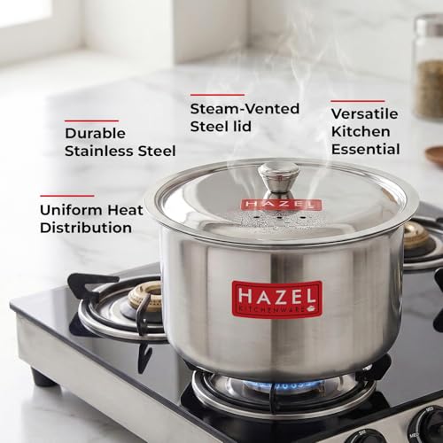 Image of HAZEL Stainless Steel Patila with Lid Cooking Vessel, 1500ml | Mirror Finish Cooking Pot | Durable Induction & Gas Compatible Bhagona /Tope for Boiling Milk, Tea, and Cooking | Silver