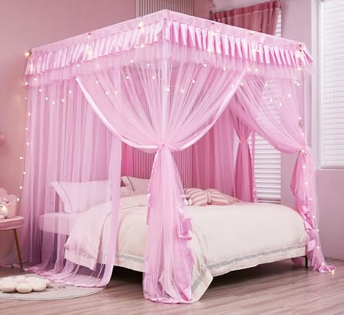 Pink Princess 4 Corners Post Bed Curtain Canopy Mosquito Netting (Twin) by Mengersi