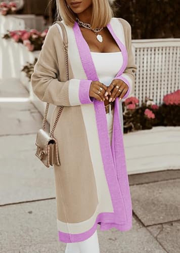 Image of chouyatou Women's Fall Color Block Open Front Cardigan Sweater Casual Loose Knitted Long Coatigan Coat