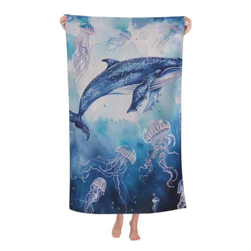 DCEHGEW Sea Whale and Jellyfish Printed Microfiber Bath Towels 32x52 Inch, Highly Absorbant Beach Towel Bath Sheets for Bathroom Travel Hotel Spa