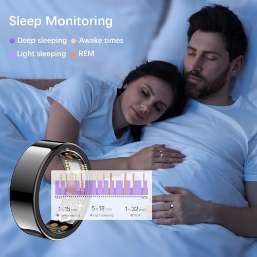 Image of Ring Health Tracker for Women Men, Fitness Ring with Heart Rate, Blood Oxygen, Sleep Monitor, Calories, Step Counter, IP68 Waterproof Smart Ring for iPhone & Android, No Subscription Fee (Black, 12#)