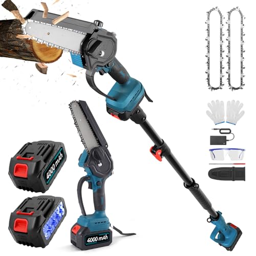 MINENICE 2 en 1 Podadora Electrica Bateria y 6 Pulgadas Mini Motosierra Bateria, 4.9-6.8FT Motosierra Eléctrica Telescópica con 2 Baterías 4000mAh, Tijeras de Podar Eléctricas para Podar Arboles