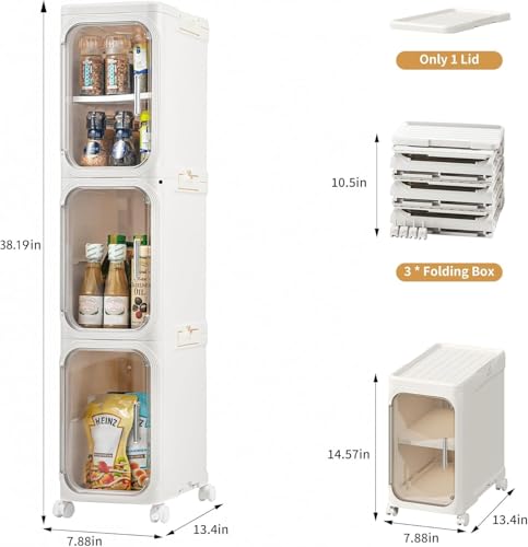 Image of 3-Tier Slim Narrow Bathroom Storage Cabinet, Cream White | Tool Free Assembly, Adjustable shelves, Fits for Narrow Spaces, Lockable Wheels, Magnetic Clear Door