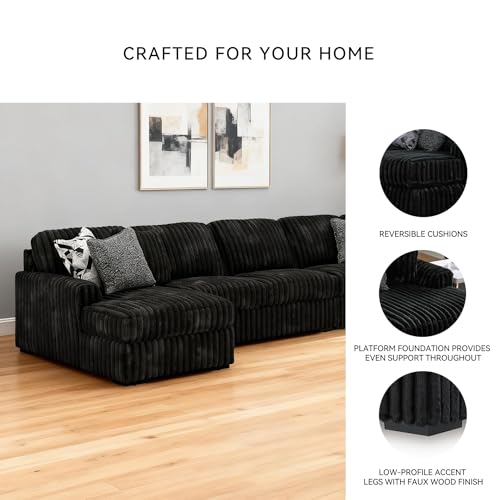 Image of Signature Design by Ashley Midnight‑Madness Sectionals, Jumbo Corduroy Sectional Sofa with Chaise, Plush Cushioned Comfort for Cozy Living Room Lounging, 190 inch W x 65 inch D x 40 inch H, Black