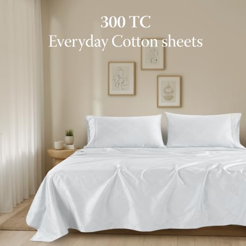 Image of Threadmill 300 Thread Count Cotton Twin Sheet Set, Sateen, Damask, White | 100% Cotton, Sateen Weave, Damask Pattern, 3-Piece Set, 16 inch Deep Pocket, Cooling, Breathable, OEKO-TEX Certified
