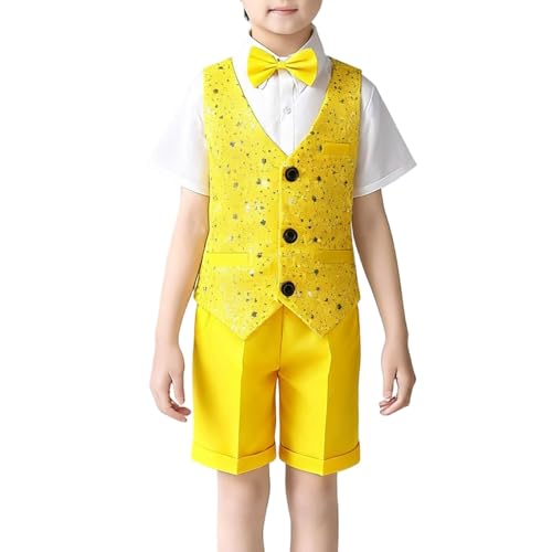 4-15Y Kids Boys Formal Gentleman Outfits 4Pcs Sequin Blazer Vest Dress Shirts and Suit Shorts Sets with Bow Tie Yellow